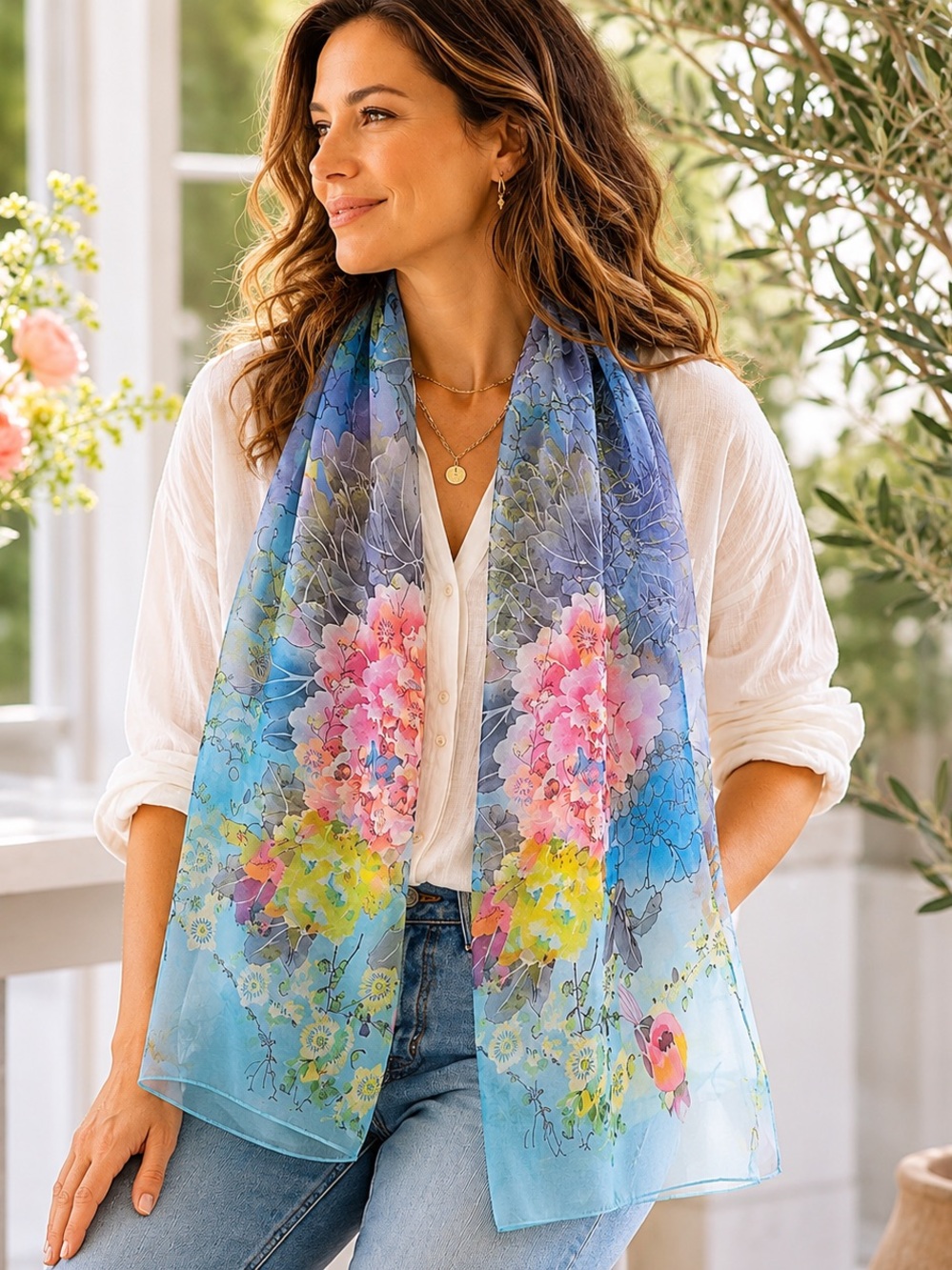 Watercolor Floral Chiffon Scarf Wrap Shawl Blue Pink Cottagecore Botanical 64x37